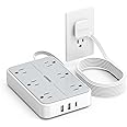 TESSAN Flat Extension Cord 10 FT with Flat Plug Power Strip, Extension Cord Flat Wall Plug with 6 AC Outlet 1 USB C 2 USB A, 1080J Surge Protector with USB Ports, Wall Mount for Dorm Room Office Home