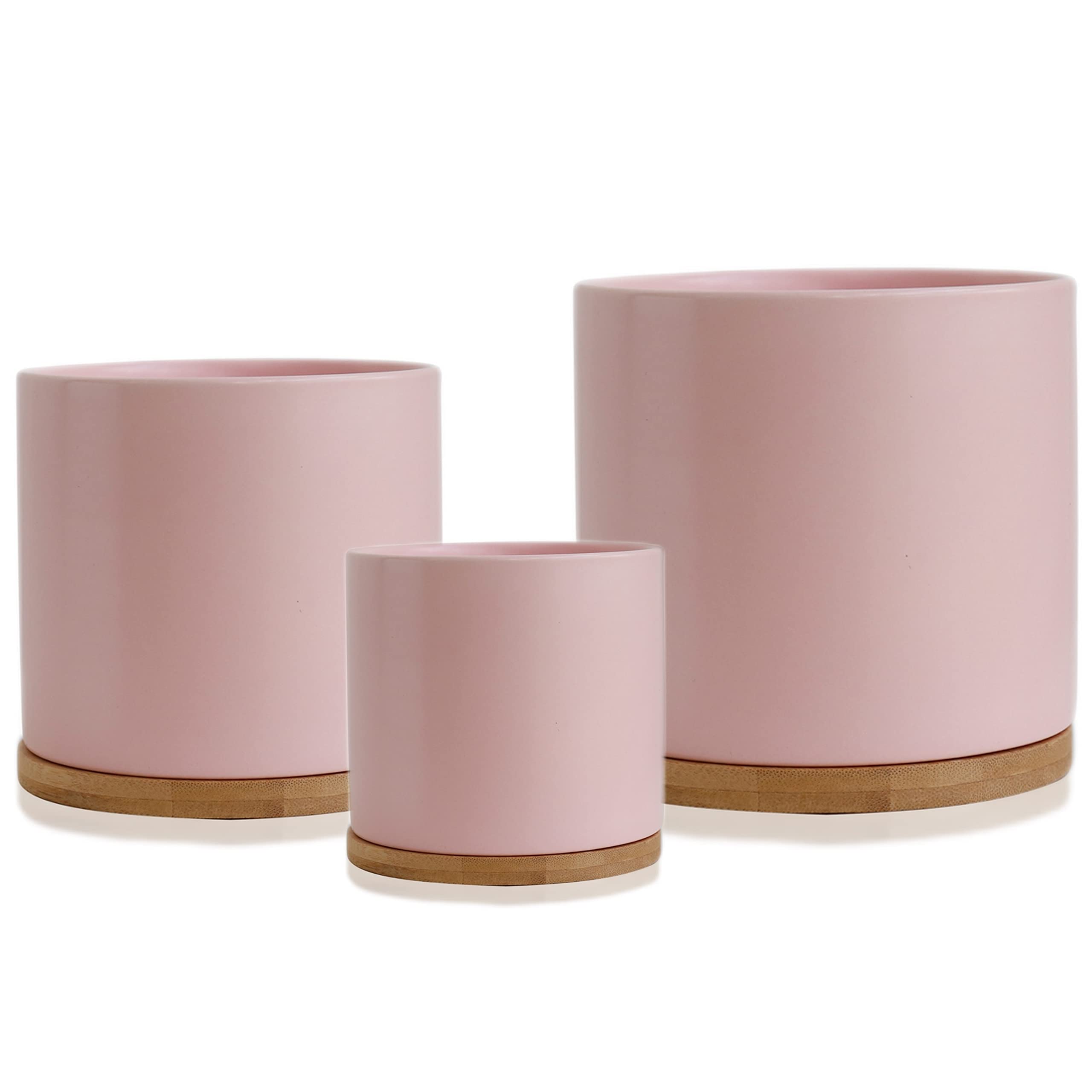 Olly & Rose Set 3 Ceramic Plant Pots with Bamboo Coasters Pastel Pink Indoor Planters Ceramic Flower Pots Containers Outdoor Large, Medium, Small with saucers — image 1