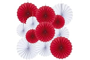 MOWO Red and White Paper Fans Wall Decoration Background Ceiling Hanging Decoration for Birthday Graduation St.George's Day England Theme Party,12pc