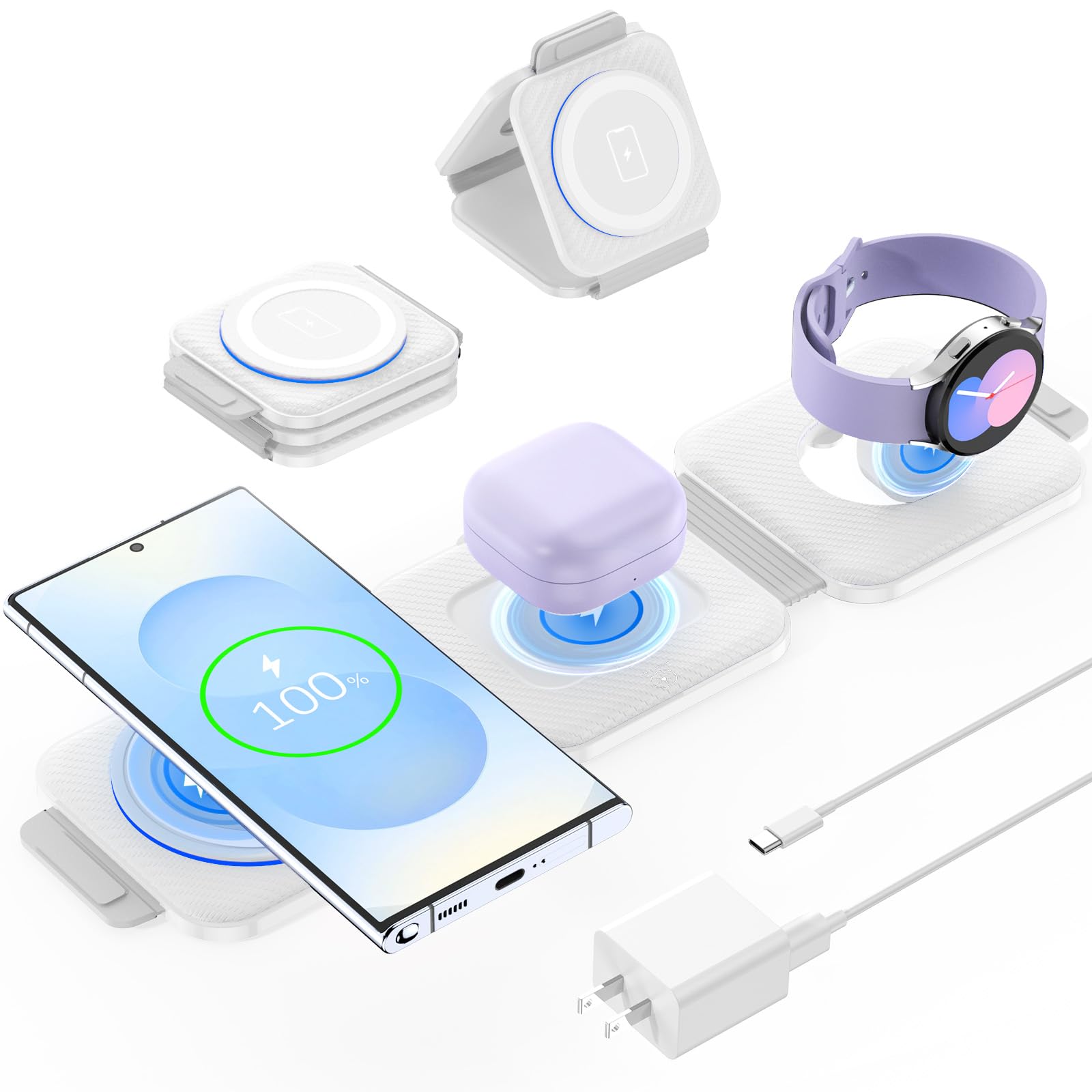 Photo 1 of Foldable 3 in 1 Wireless Charger for Samsung Multiple Devices, Travel Wireless Charging Station/Stand for Galaxy S25 Ultra/S24/Z Fold Flip 6/5, Charger Dock Stand for Samsung Watch 8, Buds Pro3?White?