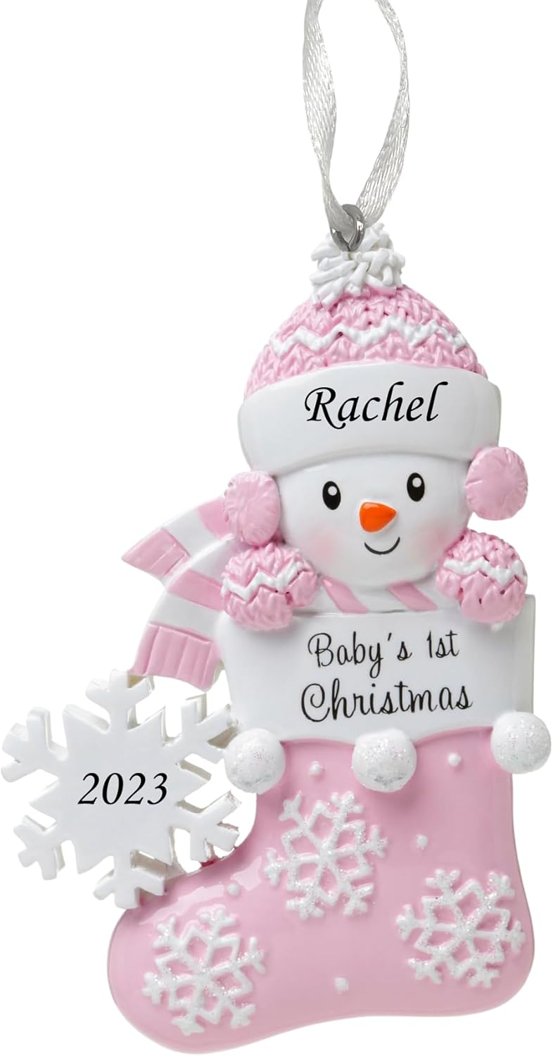 Ornaments - 2023 Personalized Ornament Baby's First Christmas Baby Girl Snowbaby in Stocking with Snowflake Christmas Tree Ornament Artisanal Customized Decoration Baby Ornaments-Free Personalization