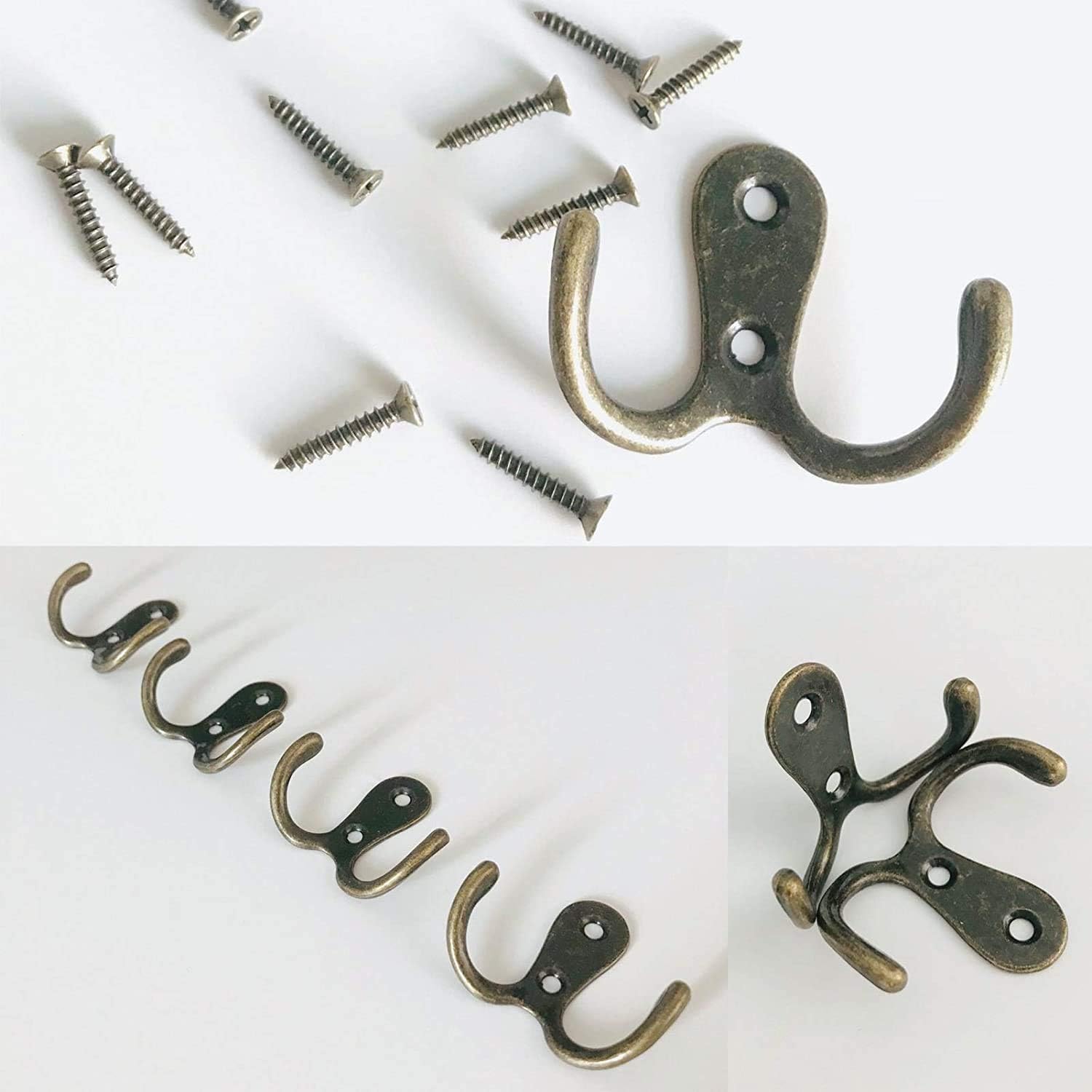 Namvo 10 Pcs Double Coat Hook Vintage Metal Hook Bronze Hat Clothes Towel Hook Antique Twin Robe Hook Dual Hooks Hanger Wall Mounted Door Hanging Hooks for Kitchen Bathroom Bedroom with Screws - Image 3