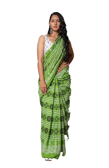 Green Cotton Hand Block Printed Saree with Blouse