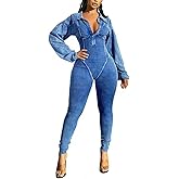 YAWJET Womens Distressed Long Sleeve Jumpsuits Sexy Ribbed Patchwork Bodycon Long Rompers Casual One Piece Outfits