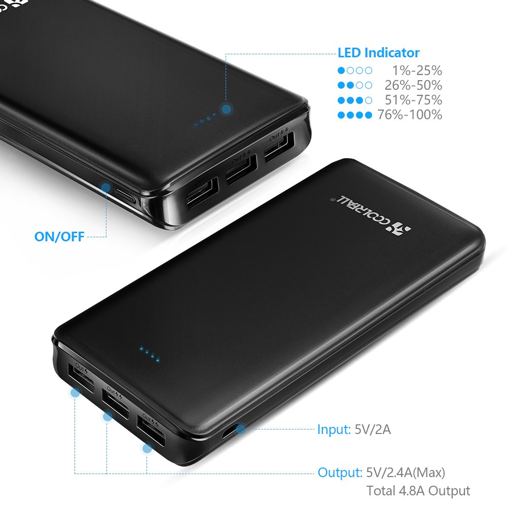 Batterie Externe 20000mAh Coolreall Power Bank 3 USB Port 4,8A Output Chargeur Portable avec LED pour iPhone, iPad, Samsung, Huawei, Tablette, etc (Noir)
