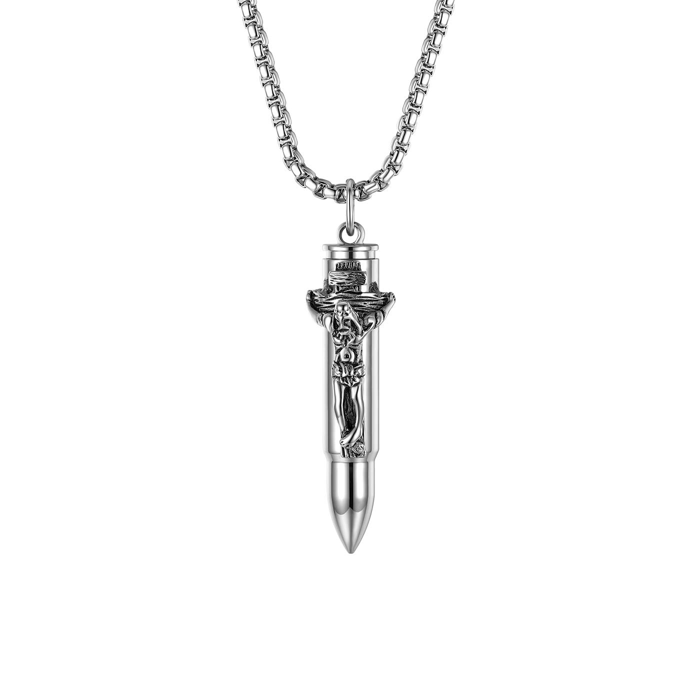 JewelryWe Mens Openable Bullet Pendant Jesus Pattern Stainless Steel Perfume Ashes Urn Necklaces