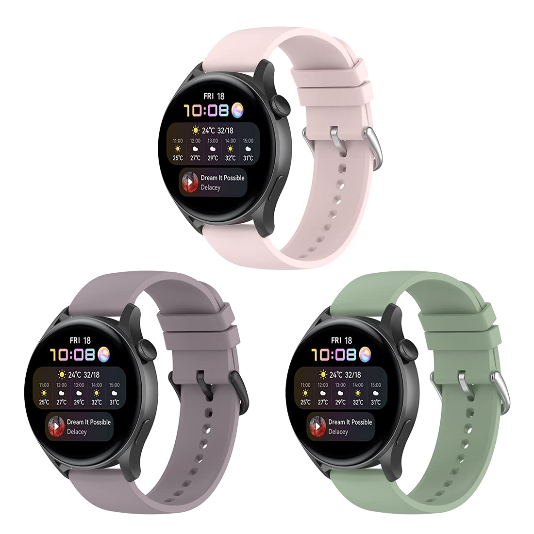 BexidoIera Watch Strap Compatible with Huawei GT 2 42mm/GT 3 42mm/Huawei 2/Honor SE/Honor Magic 42mm, 20mm Soft Silicone Sport Quick Release Replacement Band Wristband, Pack-Pink+Purple+Green