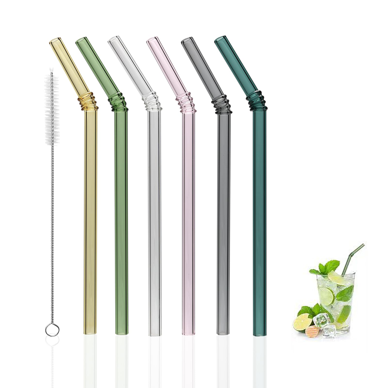 Photo 1 of **MISSING 3**FBAJOJO Curved Stained Glass Straws with Designs, 6-Pack Reusable, Approximately 9 Inches Long, 8MM Diameter, Shatterproof and Heat-Resistant, Includes 2 Cleaning Brushes. ** ONLY 3 STRAWS **