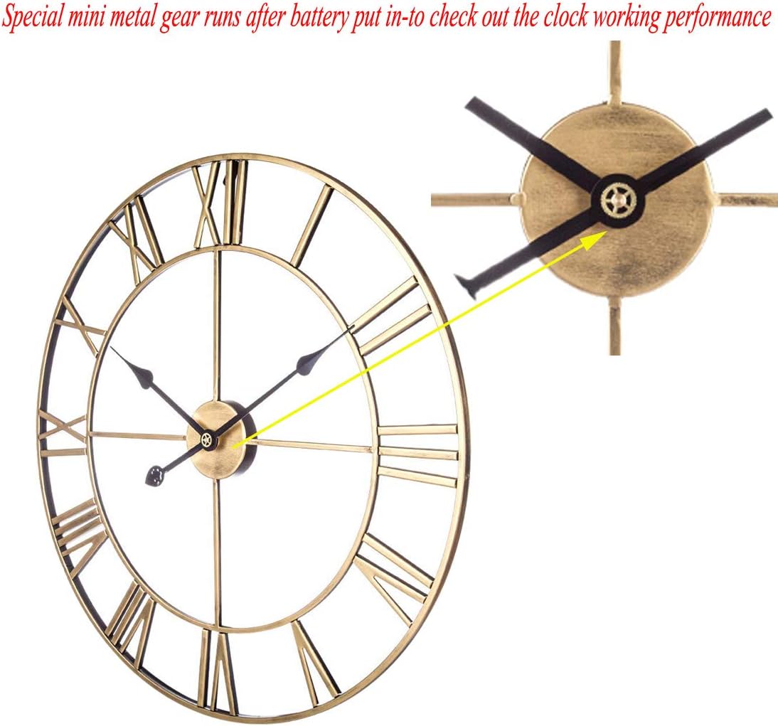 RuiyiF 24 Inch Metal Wall Clock Large Decorative Rustic Farmhouse Oversized, Silent Non-Ticking Battery Operated Kitchen Bedroom Living Room Wall Clock Large Decorative (Gold): Home & Kitchen
