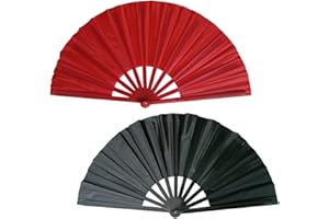 FANCYWOLF 2 Set of Large Folding Fan Handheld Nylon Cloth Foldable Hand Fan Chinese Kung Fu Fan Tai Chi Handheld Fan Practice Fan for Performance, Decorations, Dancing, Festival,Party Favors (Black+Red)