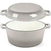 P&P CHEF 5Qt Dutch Oven Pot for Bread Baking (Khaki), 2 In 1 Round Cast Iron Dutch Oven with Lid Set, Skillet & Pot for Roasting Braising Stewing Frying Simmering, Multi Stoves & Oven Safe