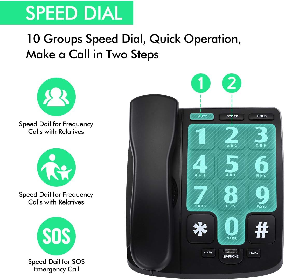 Riiai BigTel Big Button Telephone for Elderly Amplified Big Button