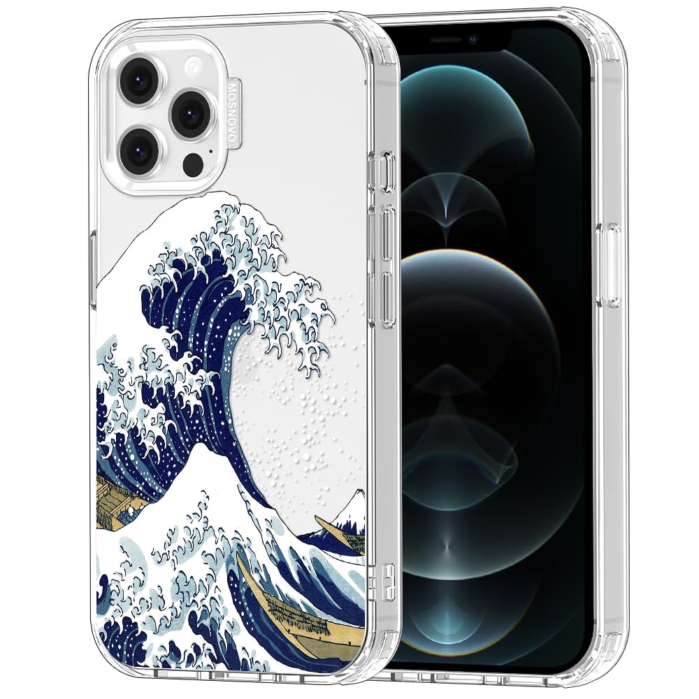 MOSNOVO Case for iPhone 12 & iPhone 12 Pro, [Buffertech 6.6ft Military-Grade Drop Protection] [Anti Peel Off Tech] Clear TPU Bumper Phone Case Cover Design - Great Wave — image 1