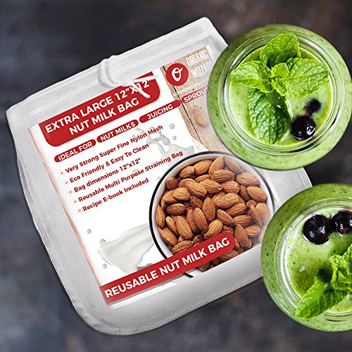Organic Reusable Nut Milk Bag – Best Quality Almond Milk Bag and Muslin Strainer – Fine Nylon Mesh Cheesecloth & Cold Brew Coffee Filter – 12”x12” Premium Quality Food Sack + Free Ebook - Thumbnail 3