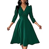 Yajedo Womens Casual A Line Dress 3/4 Sleeve Sexy Wrap V-Neck Swing Semi Formal Cocktail Wedding Guest Midi Dresses Elegant