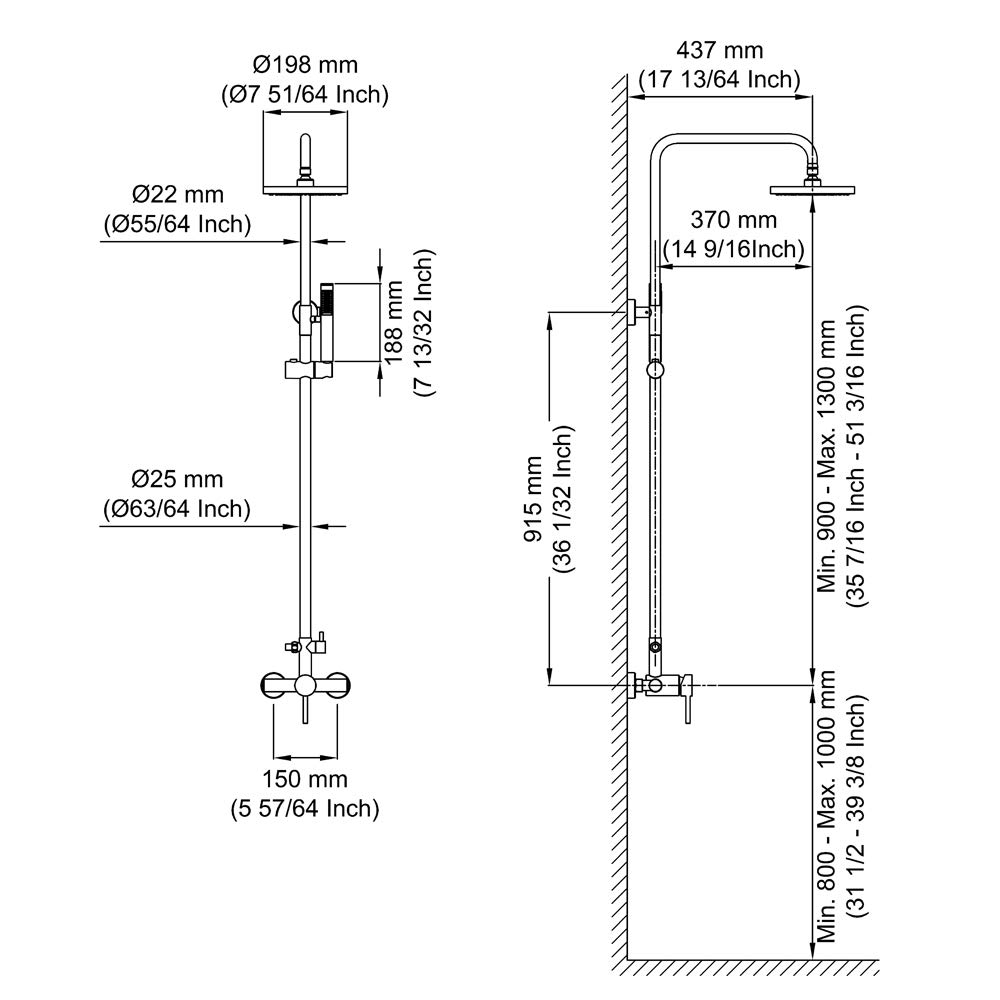 KES Shower System Pressure Balancing Valve Exposed Shower Set Rainfall