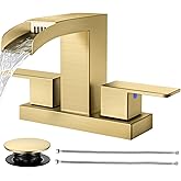 Cobbe Waterfall Bathroom Faucets 3 Hole, Brushed Gold Bathroom Sink Faucet Square 4 Inch Centerset with Pop-Up Drain, 2 Handle and 2 Supply Hoses, Lead-Free Stainless Steel for Vanity Sink Rv