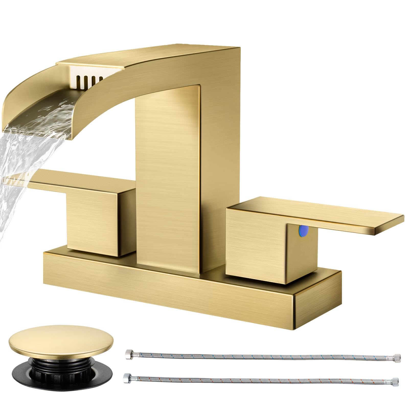 Photo 1 of Cobbe Waterfall Bathroom Faucets 3 Hole, Brushed Gold Bathroom Sink Faucet Square 4 Inch Centerset with Pop-Up Drain, 2 Handle and 2 Supply Hoses, Lead-Free Stainless Steel for Vanity Sink Rv