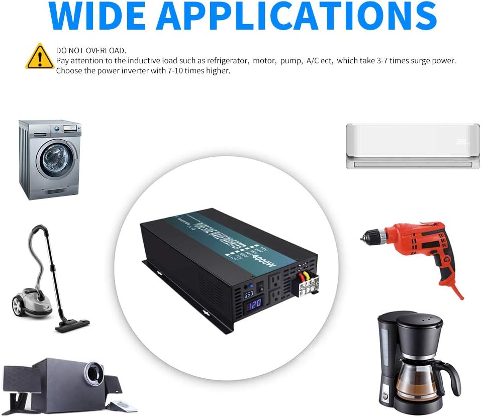 WZRELB 4000W Heavy Duty Pure Sine Wave Solar Power Inverter DC 36V to AC 110v 120V Backup Power with 2 AC Outlets with Hardwire Terminal and LED: Garden & Outdoor