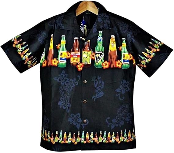 Amazon メンズアロハシャツ ブラック地 ビールボトル柄 黒 大きいサイズ有 コットン シャツ 通販