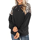 Womens Leopard Print Long Sleeve Shirts Fall Casual Crewneck Color Block Tops Sweatshirts