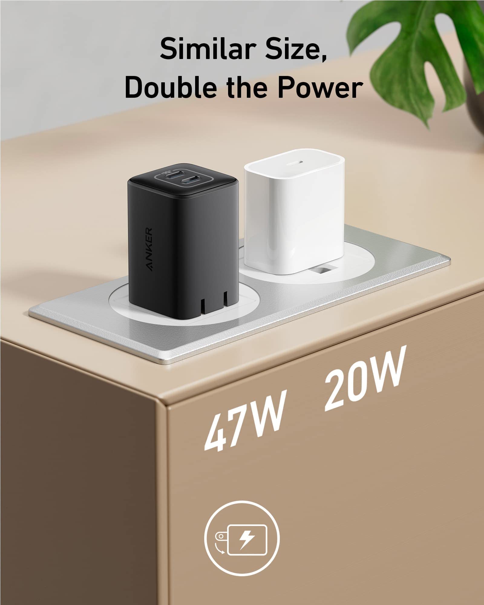 Anker Nano 47W USB C Charger, 2 Port Compact Foldable GaN Charger for iPhone 17 / 16, Galaxy, Pixel, Compatible with MagSafe (Black)