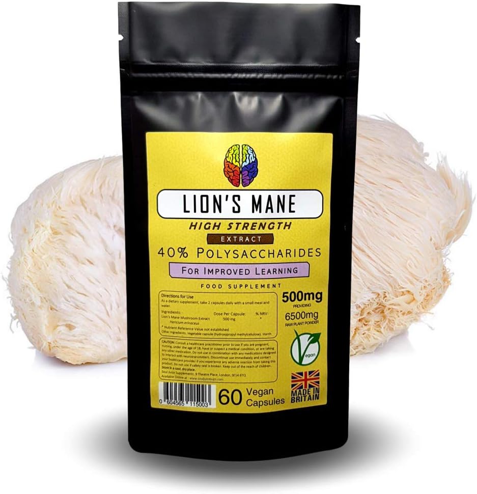 Lion's Mane Mushroom Extract by Soul Juice | 60x 500mg Vegan Capsules (40% Polysaccharides) 13:1 Eq. 6500mg | Cognition & Neuroplasticity Supplement