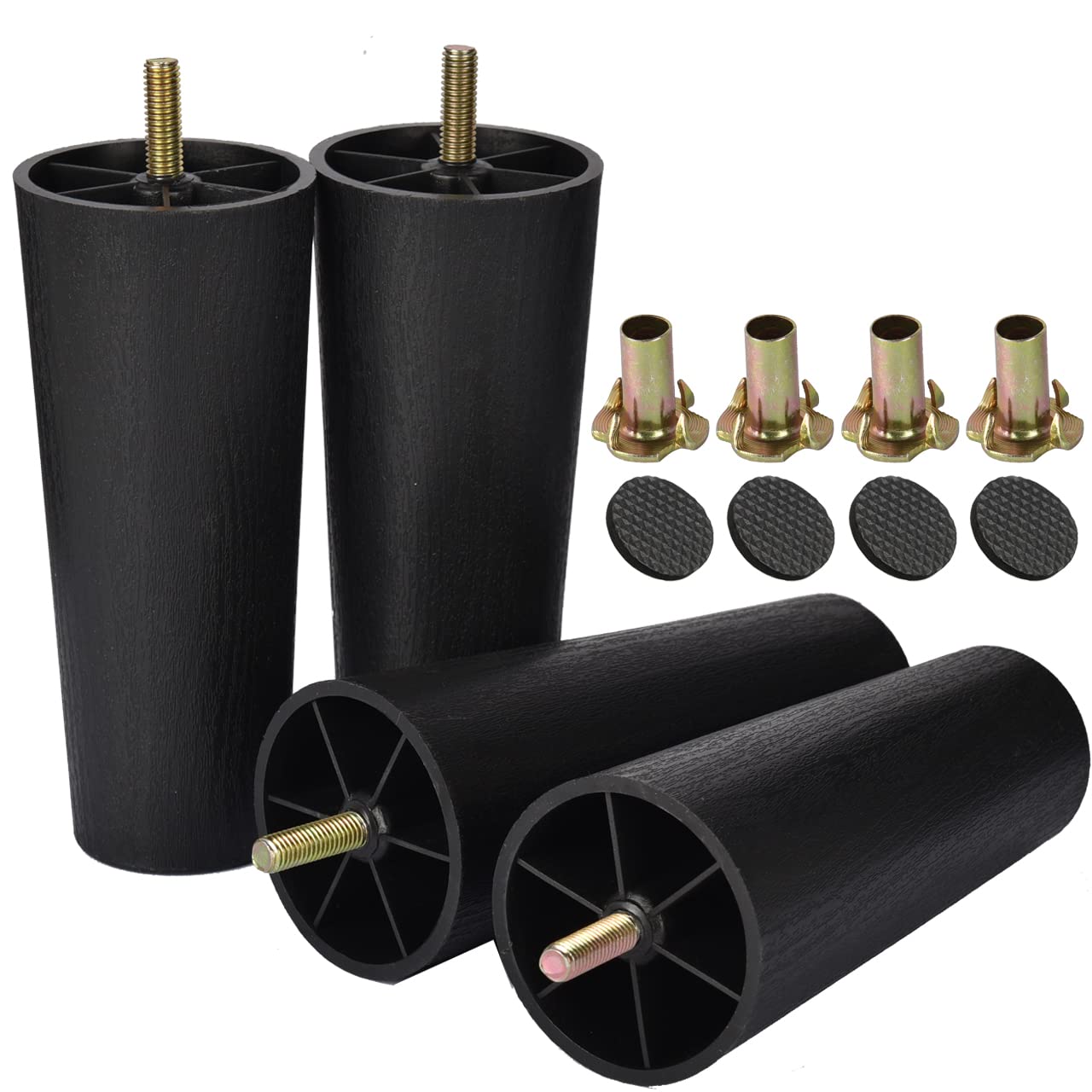 Btowin 6 inch/15cm Plastic Furniture Legs, 4Pcs Modern Tapered Round DIY Furniture Replacement Feet with Threaded M8 (Metric 8mm) Hanger Bolts&Mounting Plate for Sofa TV Stand Ottoman Couch