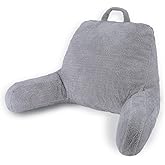 Blissful Diary Plush Velvet Reading Pillow for Kids/Teens/Adults, Back Rest Pillow for Sitting Up in Bed with Shredded Memory Foam, Includes Arms and Washable Cover, Light Gray