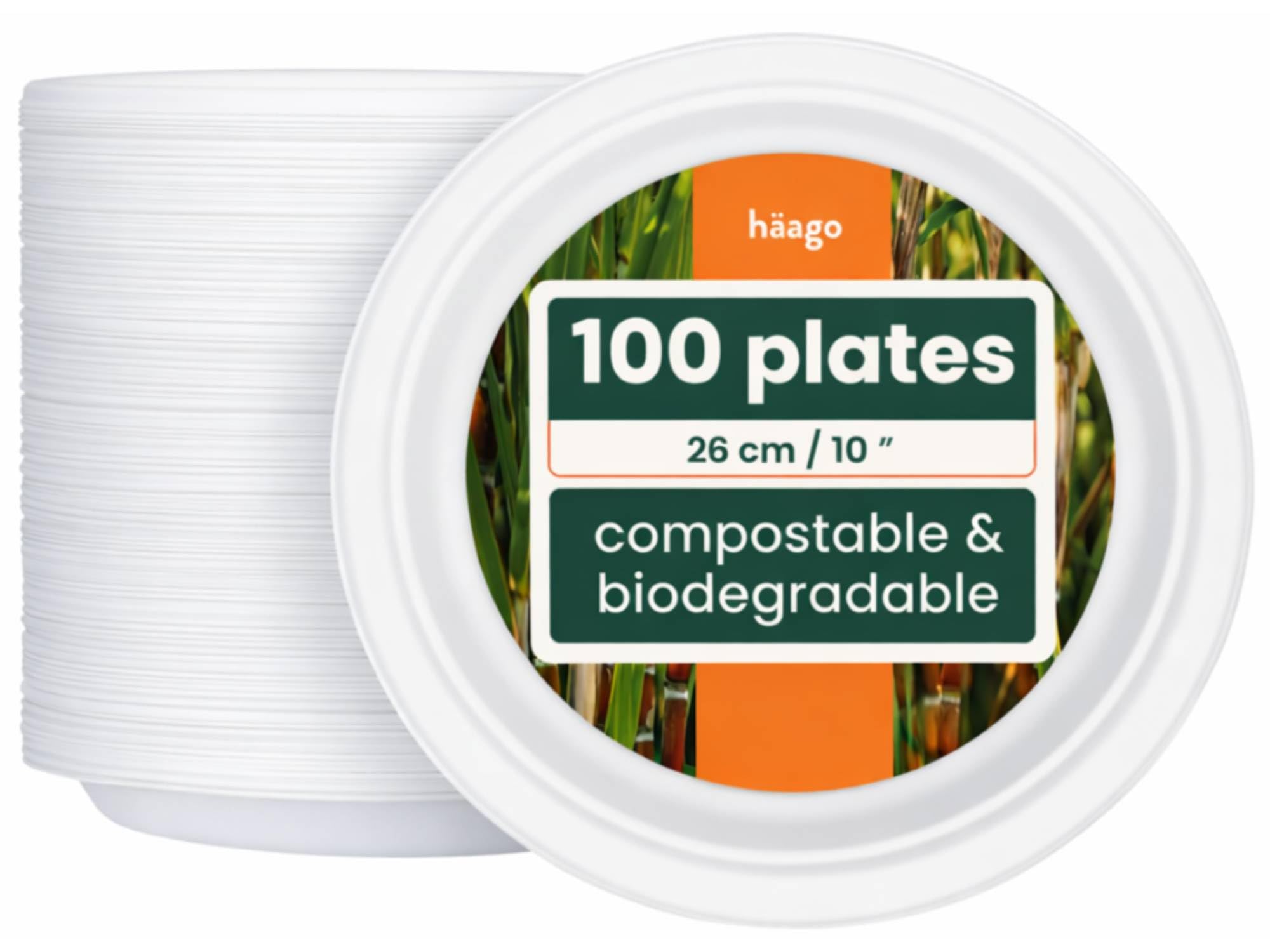 HAAGO 100 Strong Compostable Sugarcane Plates, 26 cm / 10 Inch Dinner Plate – Heavy Duty, Grease- & Leak-Proof Paper Plates – Biodegradable, Disposable for Hot & Cold Food, Parties, BBQ, Catering
