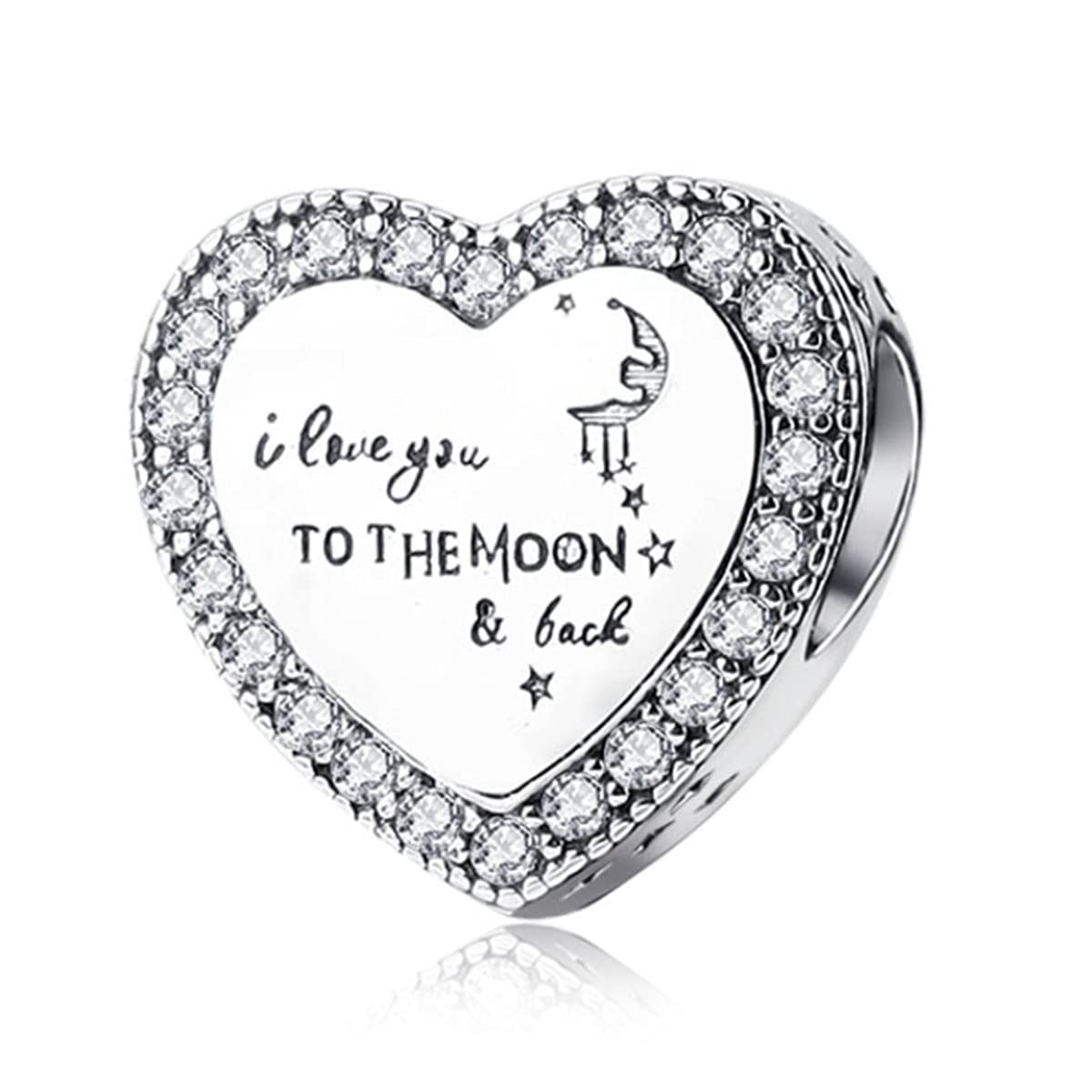 NINGAN I love you to the moon and back Heart Charms fit Pandora Charms Bracelets, 925 Sterling Silver Bead Heart Charm for Bracelets & Necklaces, Perfect Valentines Gift for Women Wife Mom