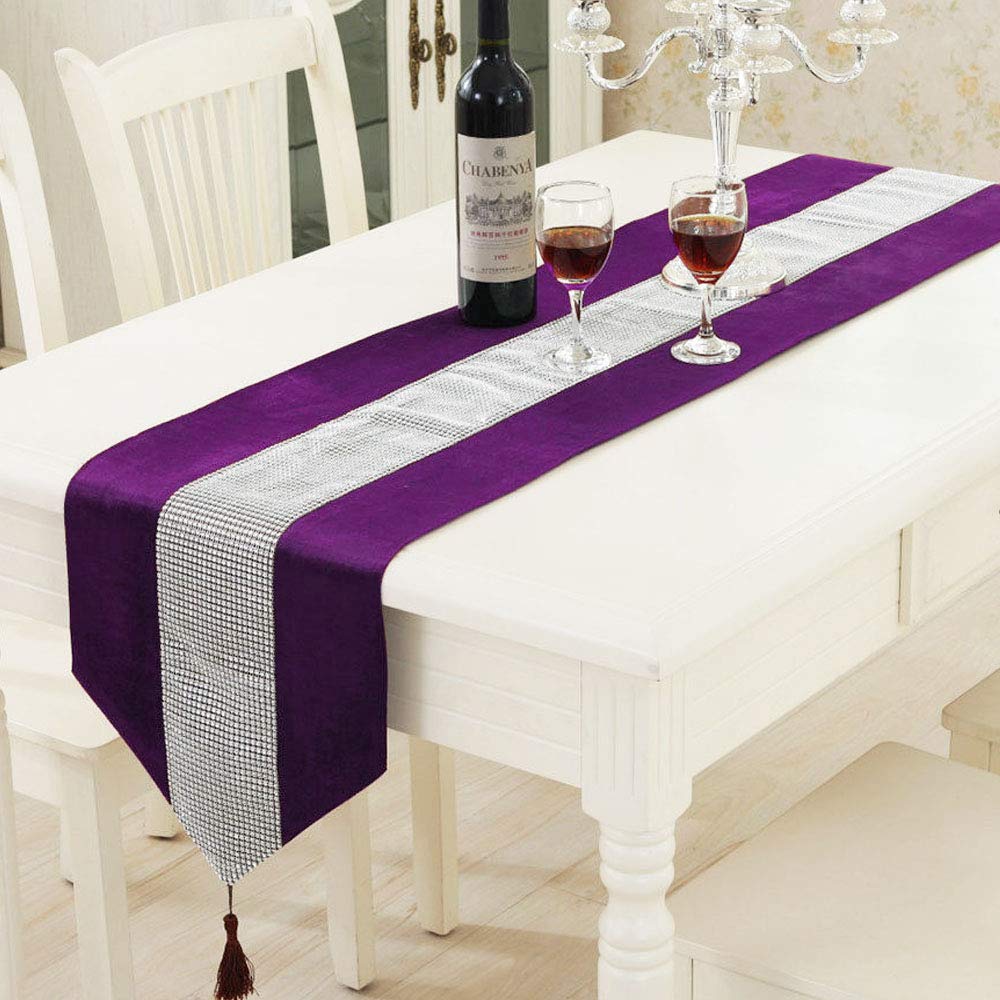 Time to Sparkle Luxury Velvet Diamante Table Runner Thick Velvet Chenille Satin Tasseled Christmas Xmas (Velvet-purple, Runner 31x183cm)