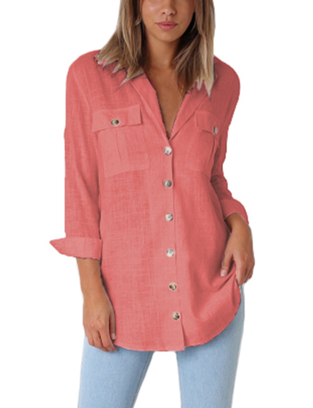 VetineeWomen's Casual Button Down Blouse Shirts Cuffed Sleeve Loose T-Shirt Tops
