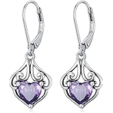 Amethyst Earrings 925 Sterling Silver Vintage Filigree with Heart Cut February Birthstone Drop Earrings for Women