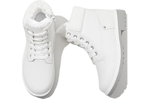 POVOGER Womens Black Ankle Boots White Winter Boots Fuzzy Boots Combat Boots Snow Booties with Side Zipper