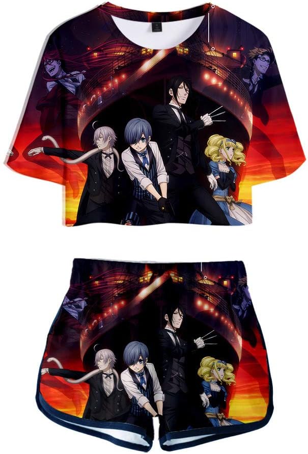worclub Anime Black Butler 3D Sexy Navel Short T-Shirt and Shorts Sportswear Set for Girl/Women