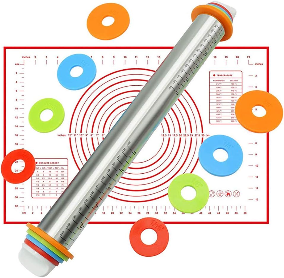 Rolling Pin Set, TOONEV Stainless Steel Adjustable Roller Pins with Silicone Baking Pastry Mat 4 Removable Thickness Rings for Baking Dough, Pizza, Pie, Pastries, Pasta and Cookies