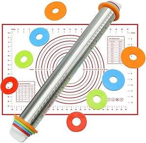 Rolling Pin Set, TOONEV Stainless Steel Adjustable Roller Pins with Silicone Baking Pastry Mat 4 Removable Thickness Rings for Baking Dough, Pizza, Pie, Pastries, Pasta and Cookies