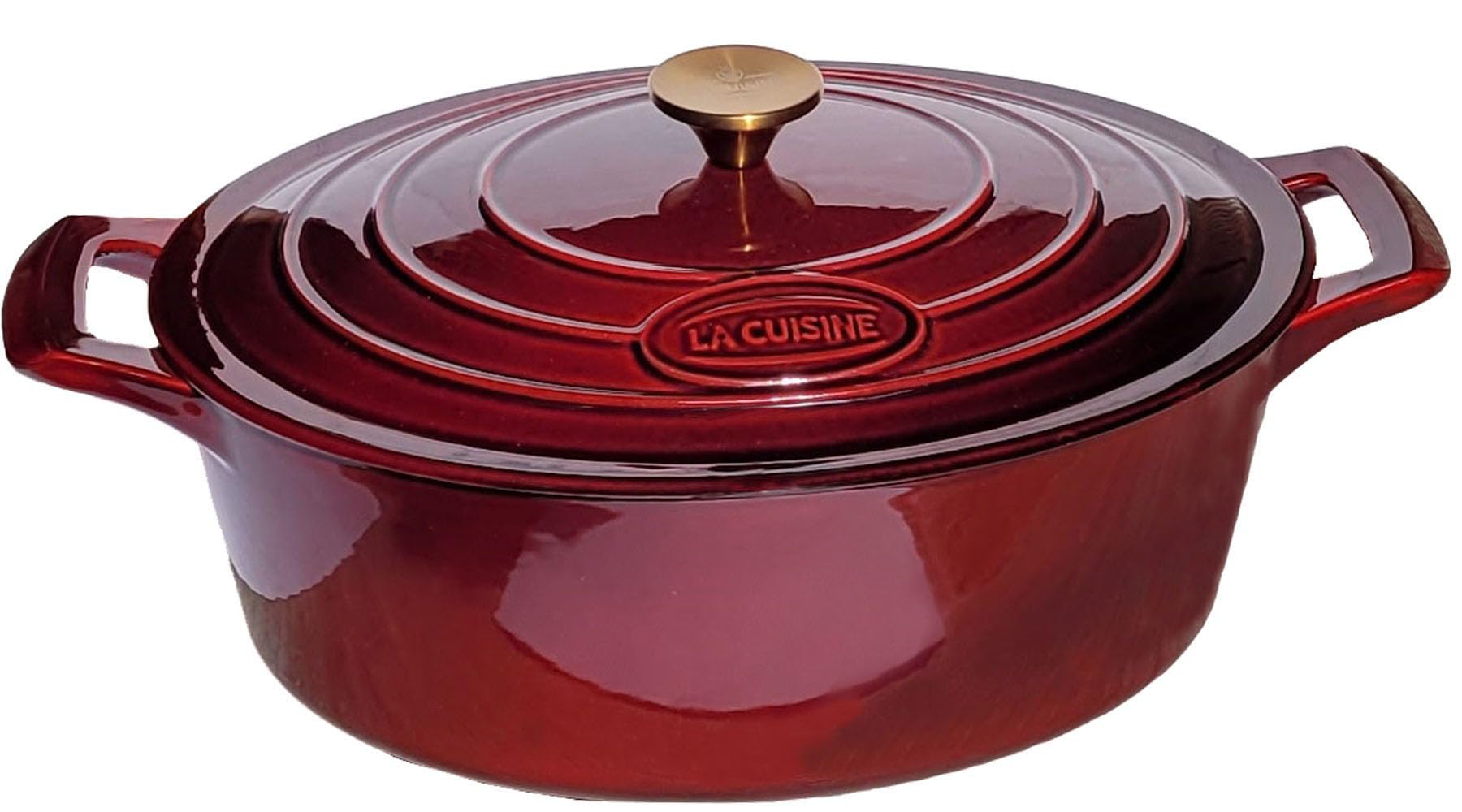 Photo 1 of La Cuisine Enameled Cast Iron Oval Dutch Oven Casserole Dish Pot with Lid 5 QT Internal Matte Black Enamel Coating, Cranberry, Gold-Plated Stainless Steel Lid Handle, Oven Safe