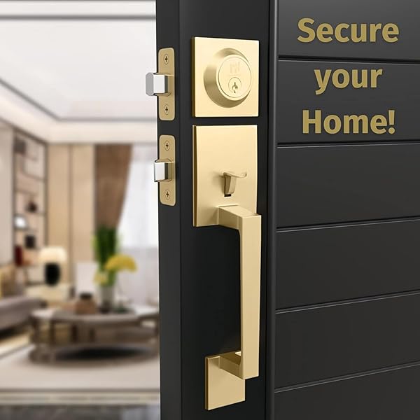MEGA HANDLES – TOBELLE ENTRY DOOR HANDLESET IN SATIN BRASS FINISH – SINGLE CYLINDER HANDLESET WITH LEVER FOR ENTRANCE AND FRONT DOORS – MODERN DOOR HANDLES FOR LEFT AND RIGHT-HANDED DOORS