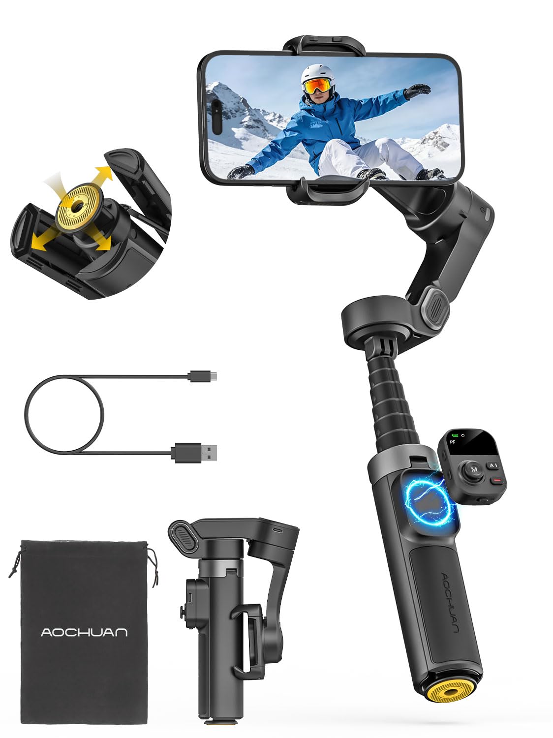 AOCHUAN 360° Pan Rotation Gimbal Stabilizer for iPhone, Magnetic Remote Control, 3-Axis Stabilizer w/Built-in Extension Rod & One-Touch Open Tripod, 3-in-1 Foldable Phone Gimbal for Vlogging, Travel