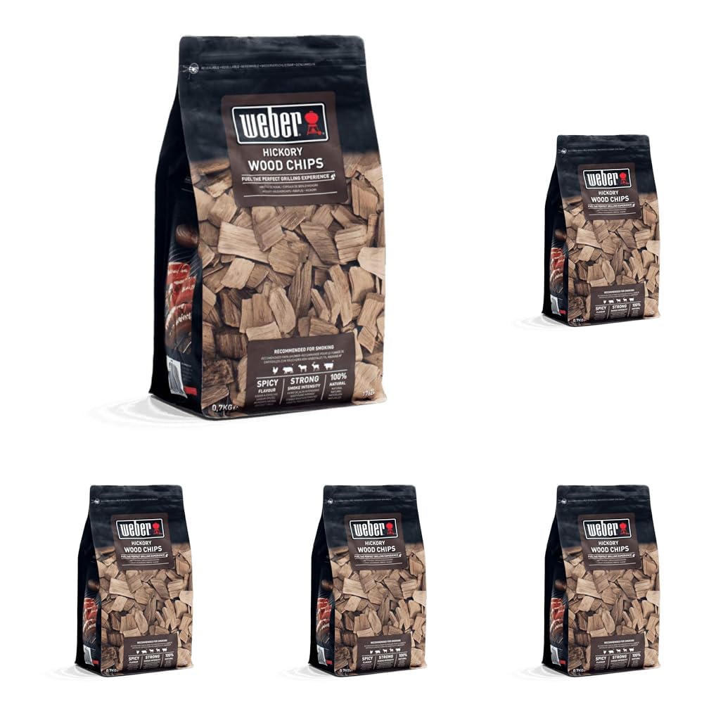 Weber Hickory Wood Chips - Hardwood Cooking Pellets, 0.7 kg, BBQ Smoker Fuel, Alternative to Briquettes, 100% Natural for Wood Fired Grills (Pack of 5)