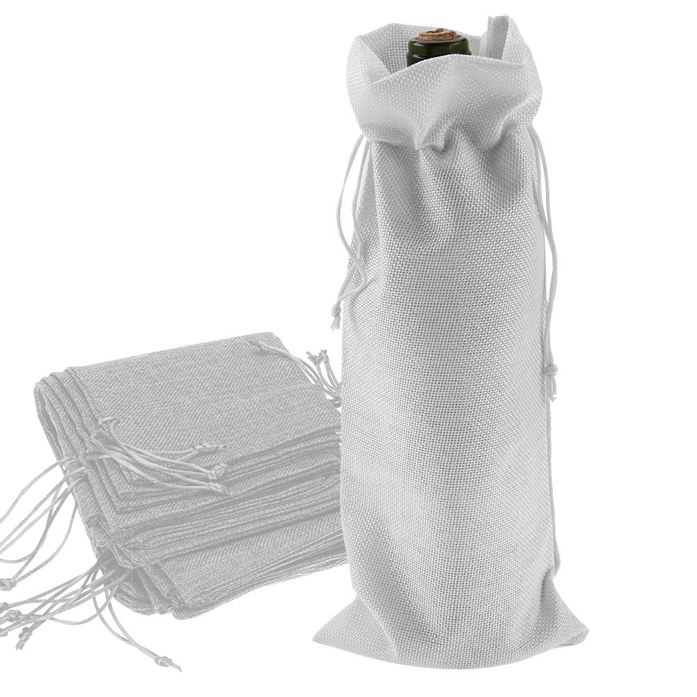 Wine Drawstring Bag, 12pcs Simple Linen Fabric Wine Bottle Gift Bags Champagne Decorative Cover for Travel Wedding Birthday Celebration Party(White)