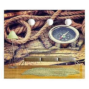 Compass and Old Map - Removable Wall Mural | Self-Adhesive Large Wallpaper - 66x96 inches