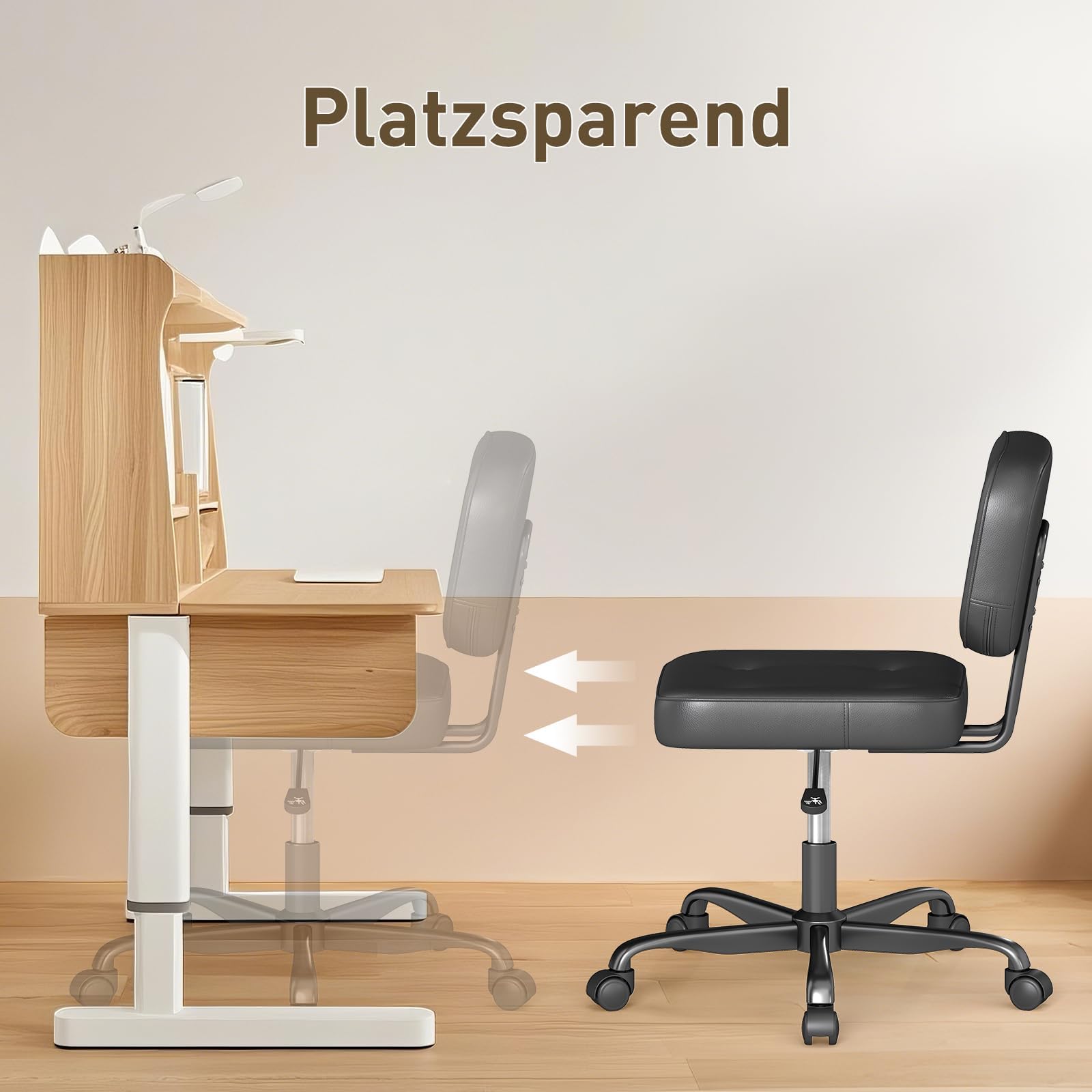 AnyGod Schreibtischstuhl ohne Armlehne für Home Office, Kompakter Drehstuhl mit Rollen & Höhenverstellbar, Ergonomischer Computerstuhl für kleine Räume, Arbeitszimmer & Schminktisch, PU-Leder Schwarz 7