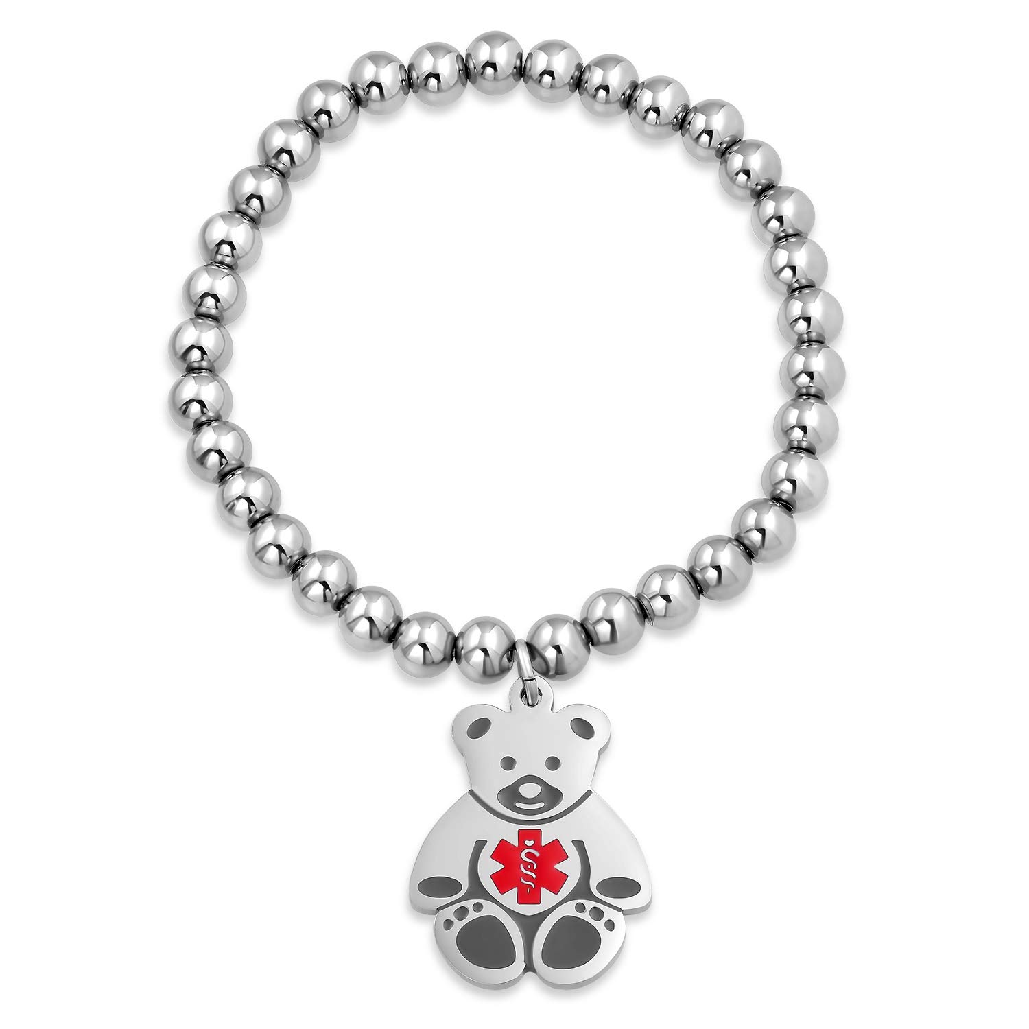 Blank Medical ID Stretch Bead Bracelet Teddy Bear Charm Tag Engravable for Women Teen Silver Tone Stainless Steel