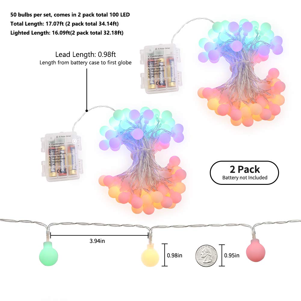BrizLabs 2 Pack Multicolor Christmas Lights, 50 LED 17.07ft Globe String Lights Battery Powered, Waterproof 8 Modes Ball Lights for Indoor/Outdoor, Wedding Party, Dorm Room, Bedroom, Xmas Decor