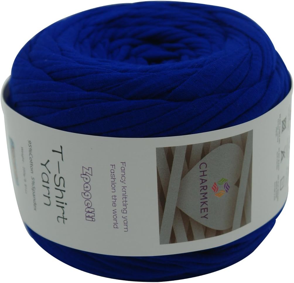 Charmkey Zpagetti T Shirt Yarn Strong Recycled Cotton Blend Ribbon 6 Super Chunky Elastic Knitting Cloth Fabric for Bag Cushion and DIY Crocheting Projects, 1 Skein, 8.82 Ounce (Mazarine Blue)