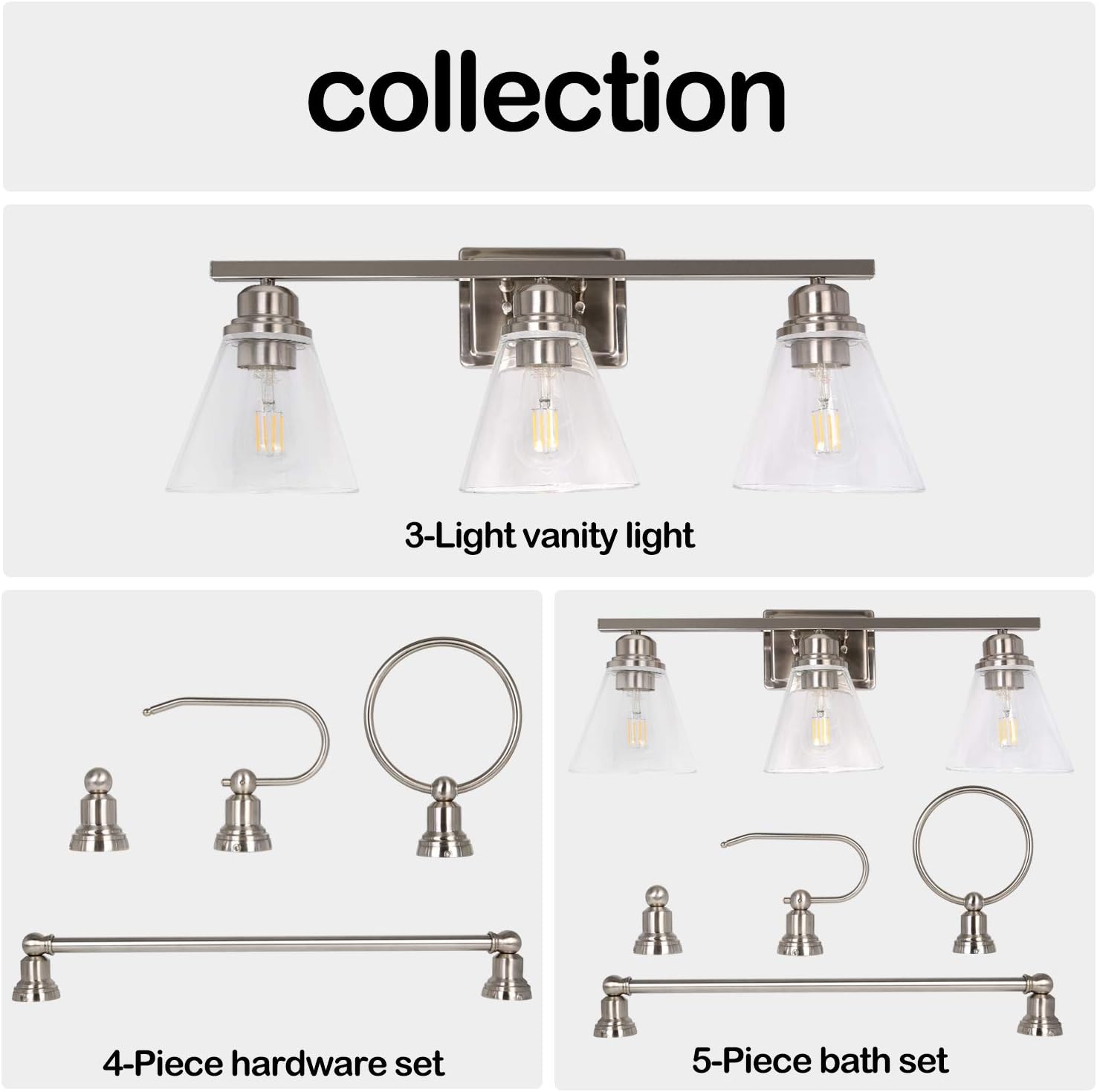 3-Light Bathroom Light, Led Edison Bulbs Included, Brushed Nickel Vanity Light Fixtures, Bathroom Wall Sconce Lighting with Clear Glass Shades, ETL Listed - - 