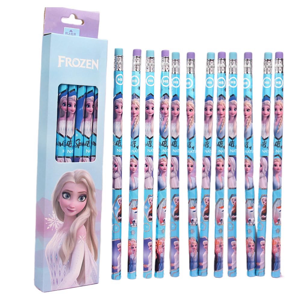 FASHION YO Pack of 12 Elsa Princess Spider HB Pencils with erasers Kids Children Party Bag Fillers School Office (Frozen2(Different colour boxes Random shipping))